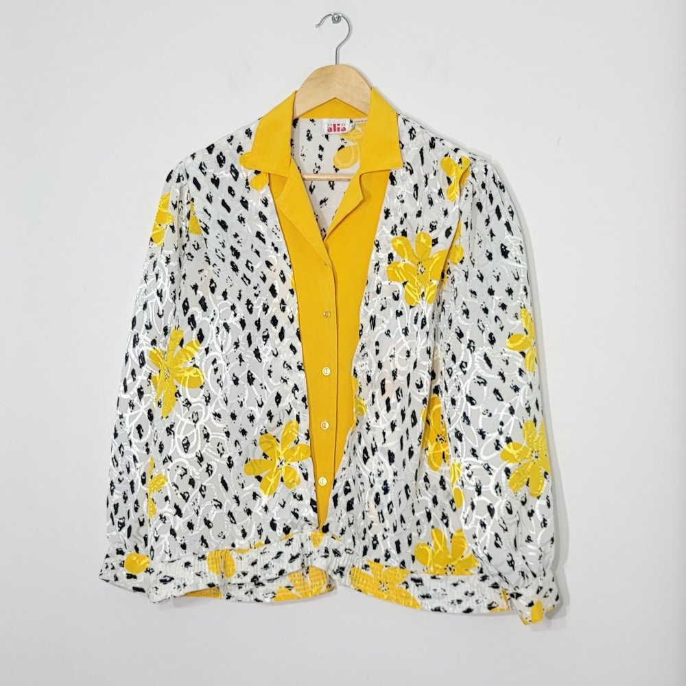 Alia Button Front Blouse Shirt Floral Long Sleeve Collared Yellow White Womens M